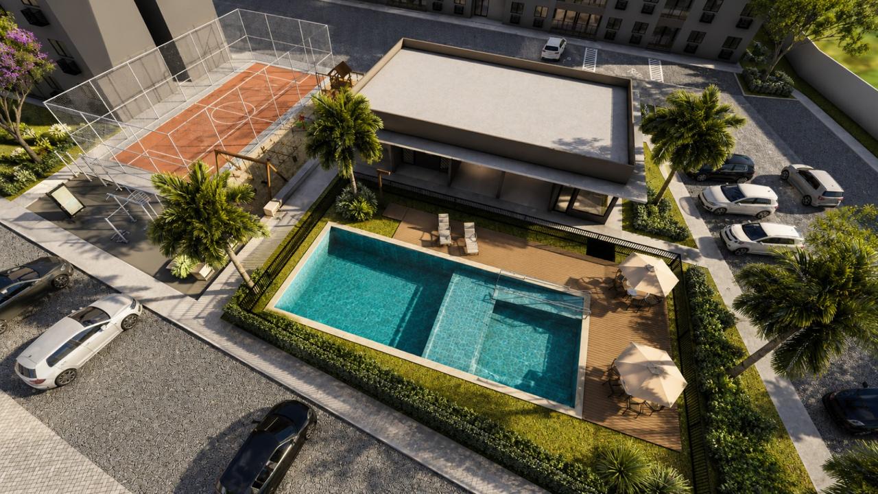 Área de lazer com piscina e quadra